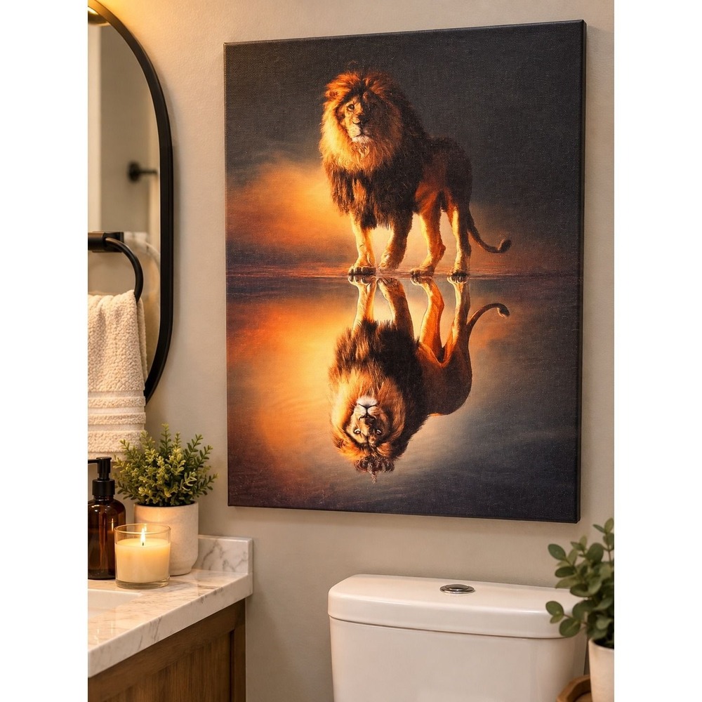 Lion Reflection Canvas Wall Art Wildlife Sunset Mirrored Animal Print Decor